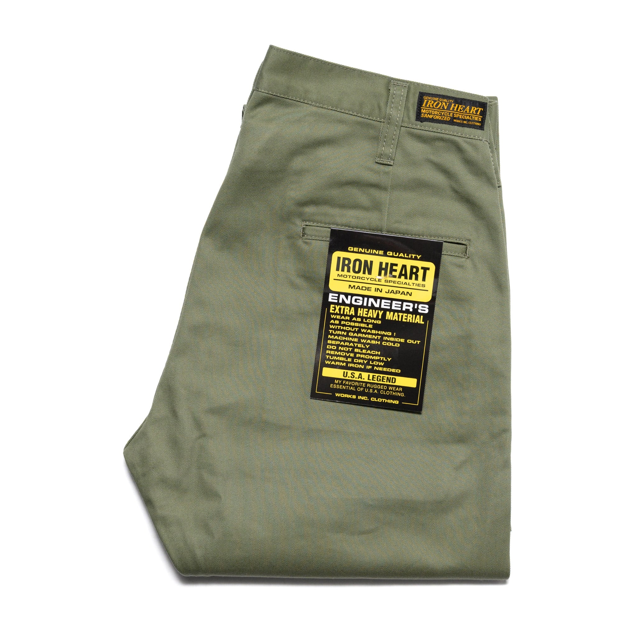 IH-727-OLV 9oz Mercerised Selvedge Cotton Medium/High Rise Tapered Chinos - Olive