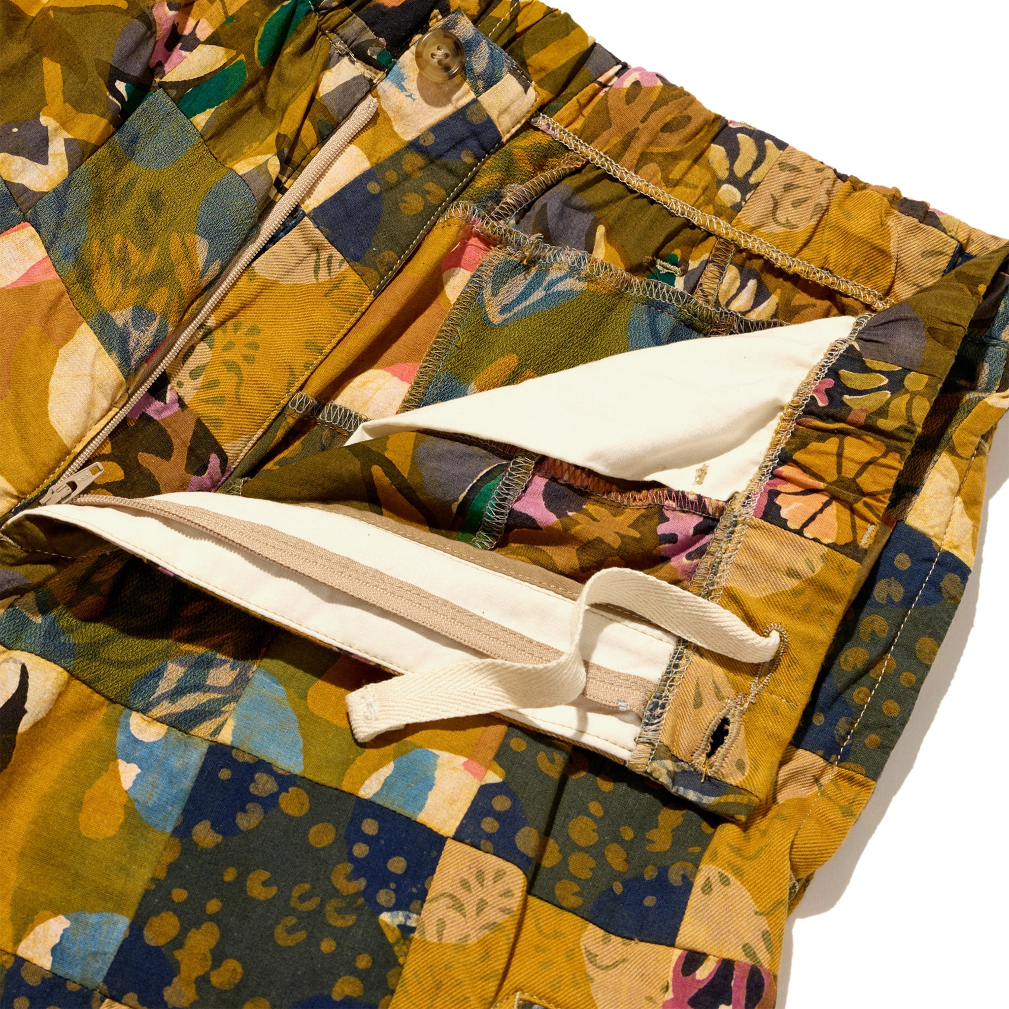 Drawstring Pant - Olive Cotton Multi Pattern Patchwork