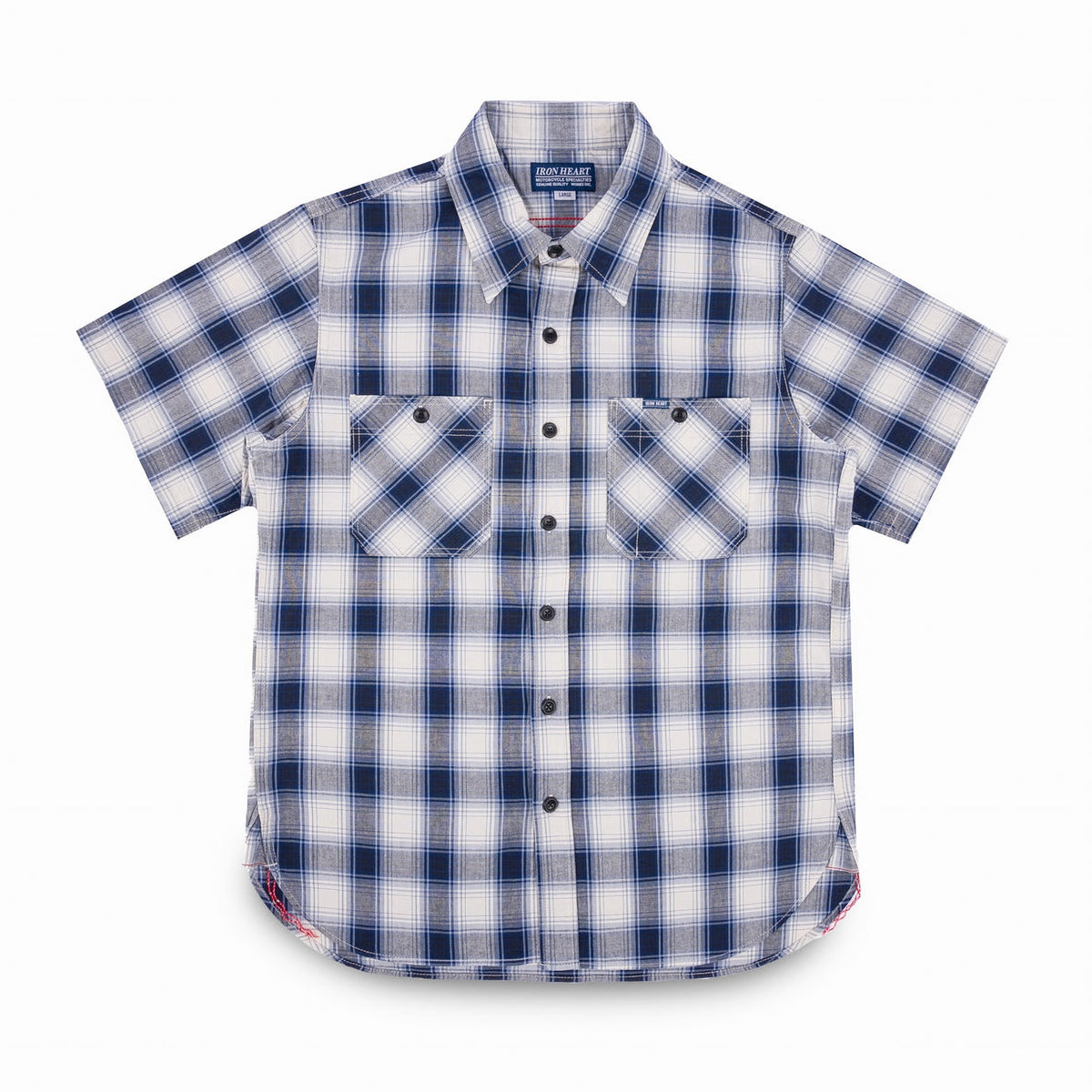 IHSH-419-BLU 5oz Selvedge Short Sleeved Madras Check Work Shirt - Blue