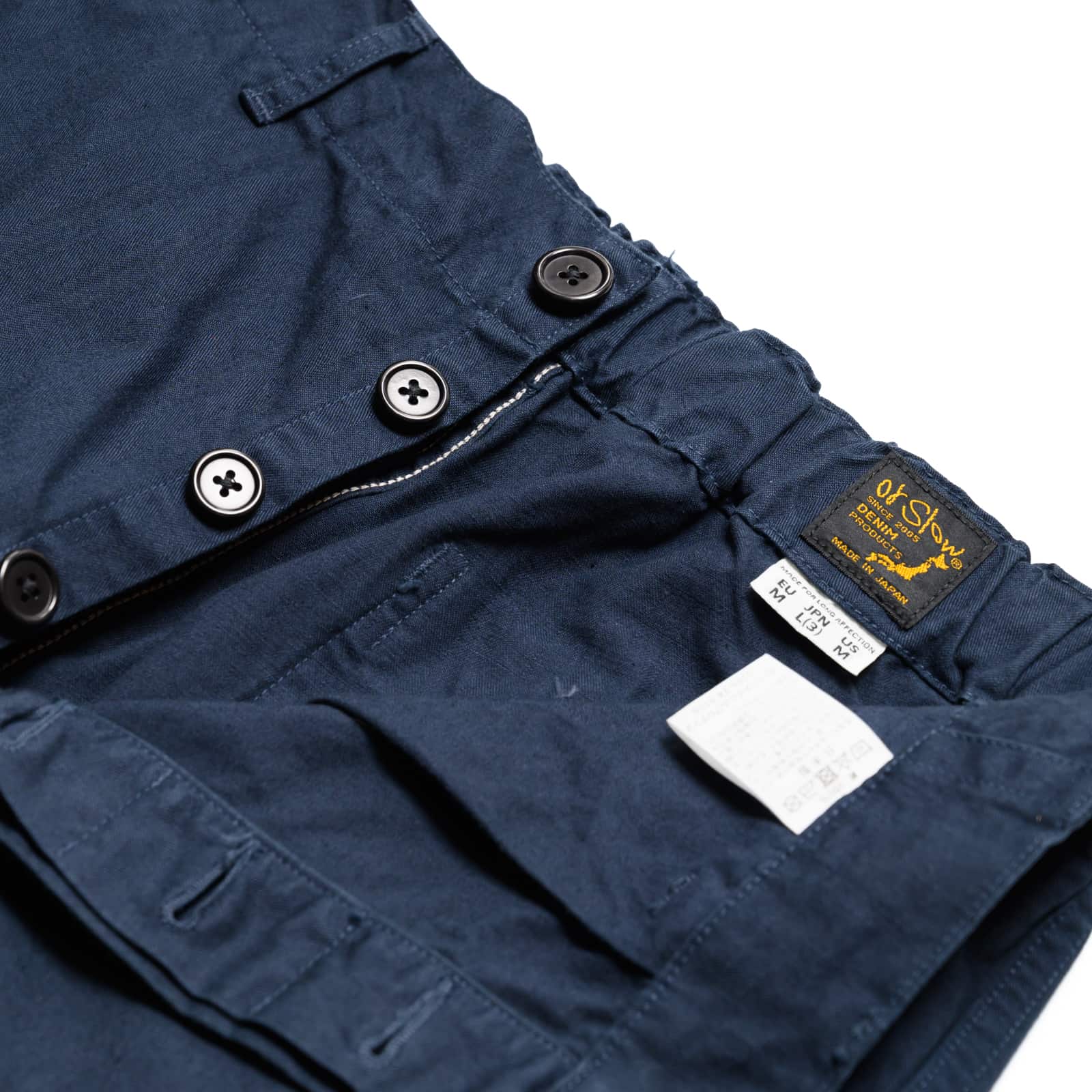 orSlow French Work Pants Navy Button Fly Detail